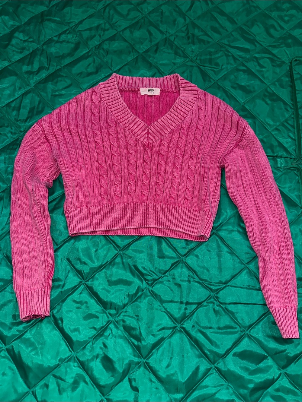 Cropped V-Neck Cable-Knit Sweater in Bright Pink